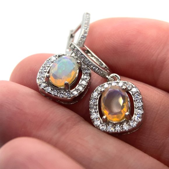 White Precious Opal 2.26ct Platinum Finish Solid 925 Sterling Silver Earrings